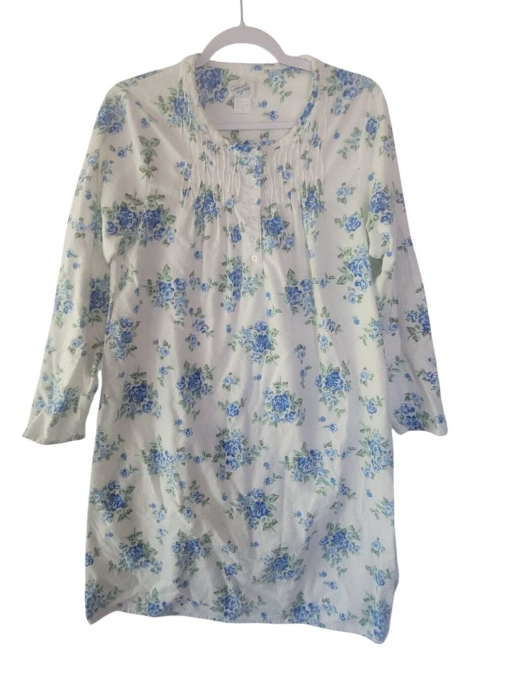 Vtg Casual Nights Blue Floral Cotton Flannel Nightgown Size Small Lace Pintucks - Picture 2 of 11
